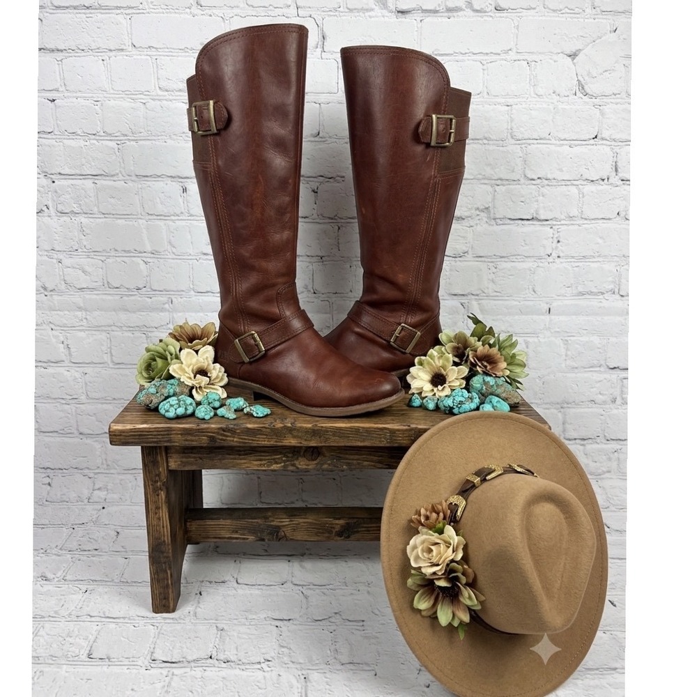 Timberland Banfield Brown Leather Tall Riding Boots Womens 8 A1247 Buckle Zip‎
